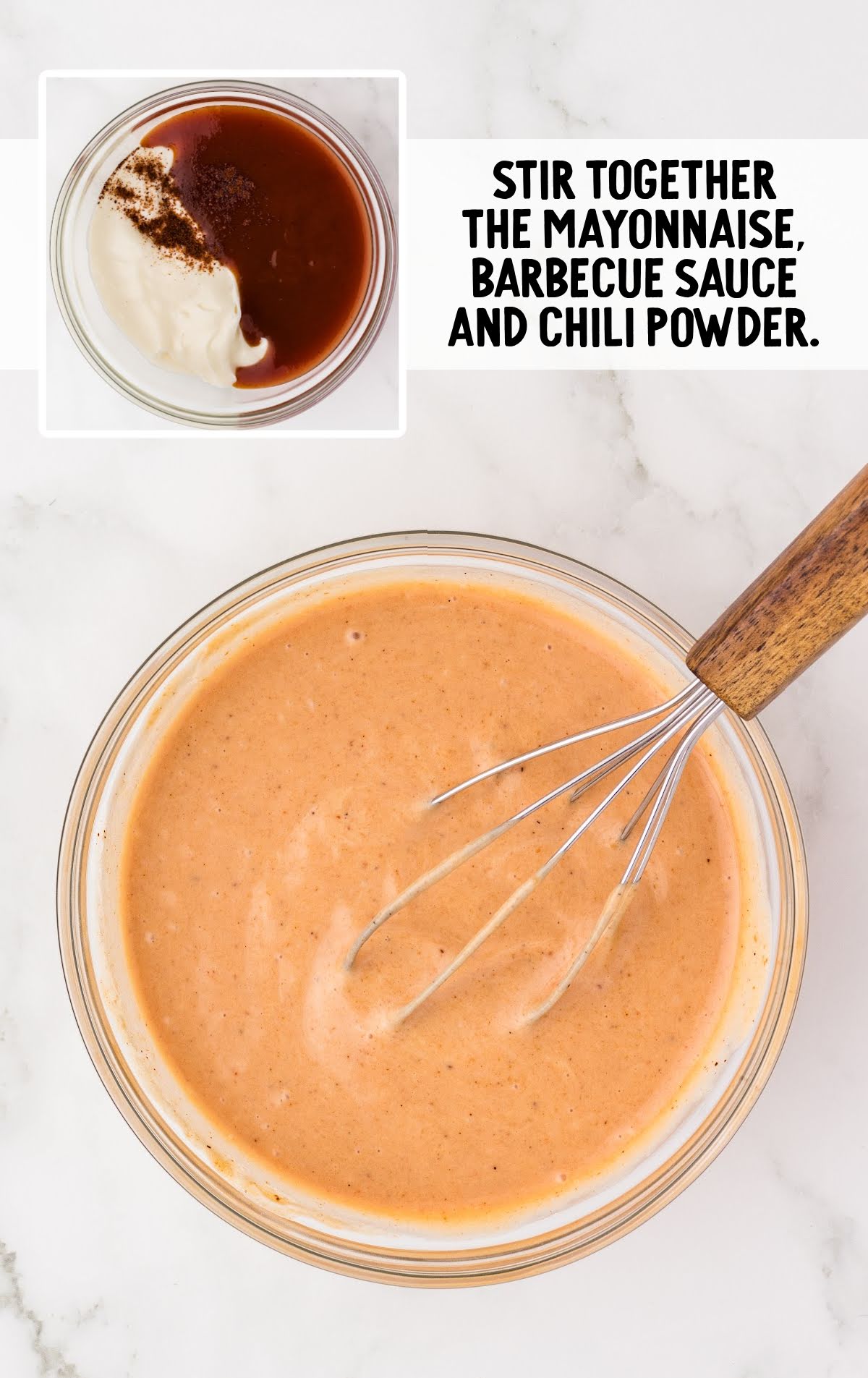 mayonnaise, barbecue sauce, and chili powder added to a bowl then whisked together