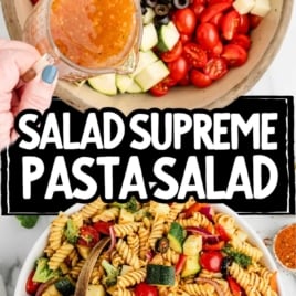 Overhead view of ingredients in a mixing bowl with dressing being poured in, and final pasta salad shown below with text overlay