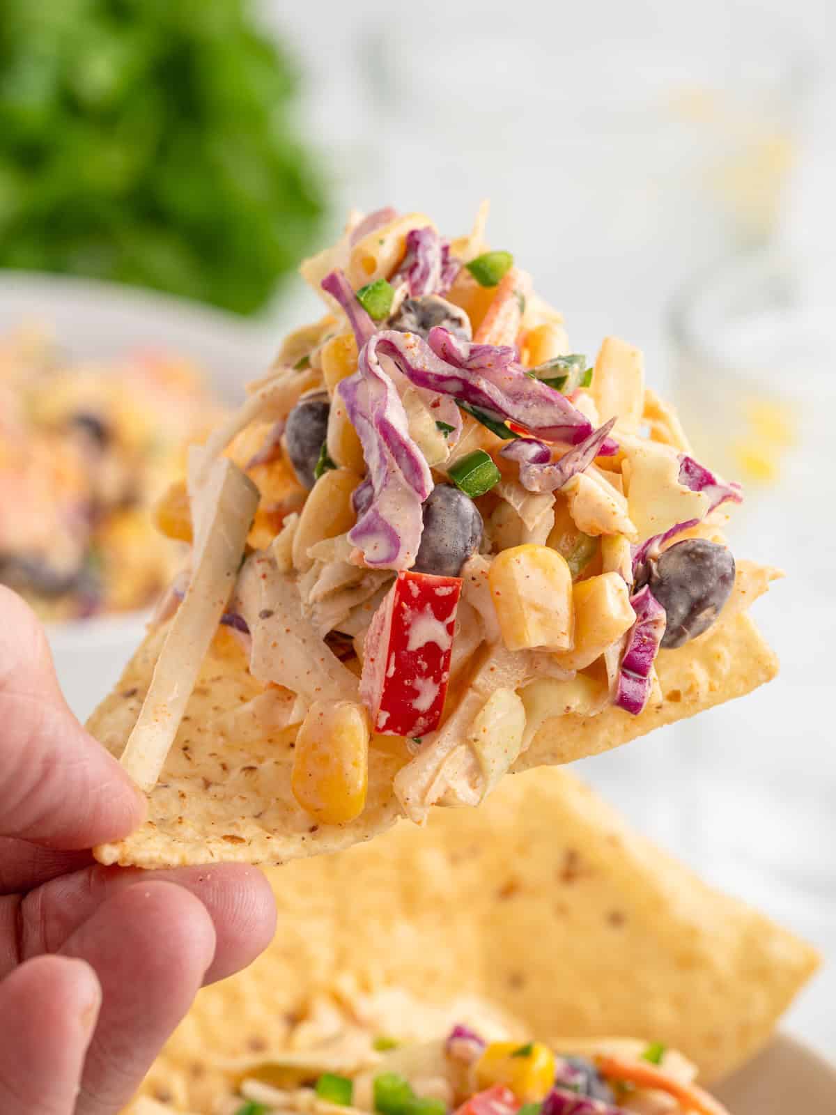 A hand holding a tortilla chip topped with a scoop of creamy taco coleslaw containing corn, black beans, red bell pepper, and shredded cabbage.