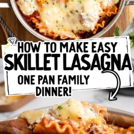 One pan skillet lasagna topped with melted mozzarella and ricotta