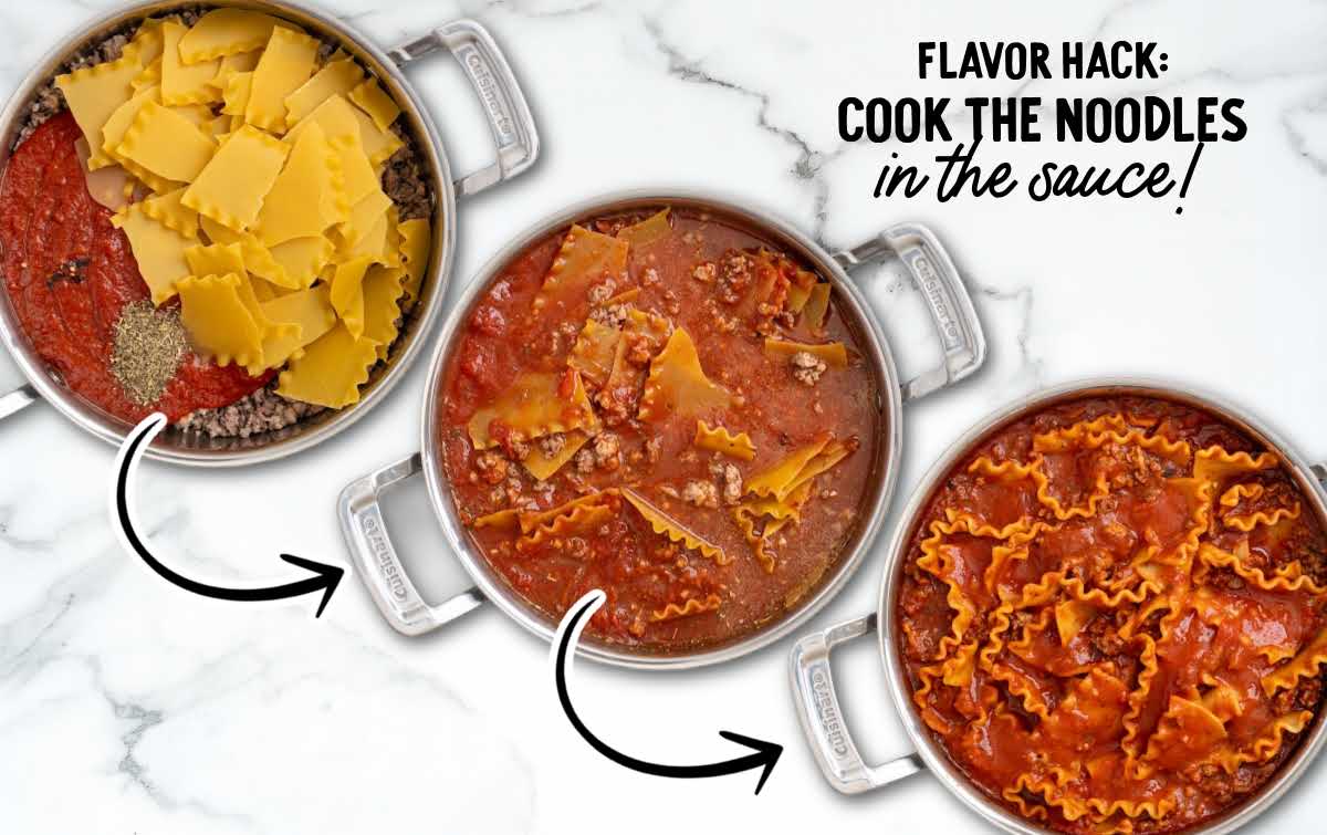 Lasagna noodles simmering in meat sauce inside skillet
