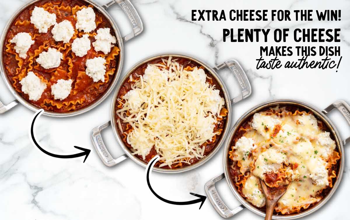 Ricotta and shredded cheese added on top of skillet lasagna before melting