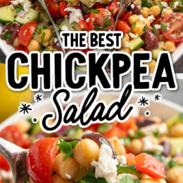 A vibrant Chickpea Salad with chopped cucumber, tomatoes, red onion, parsley, and crumbled feta, served in a bowl with a spoon. The text reads: The Best Chickpea Salad.