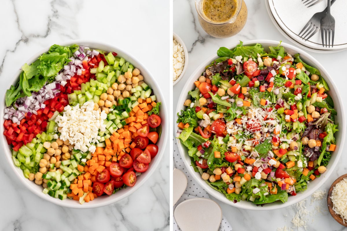 Side-by-side image showing chopped salad before and after mixing, with colorful vegetables and greens in a white bowl.