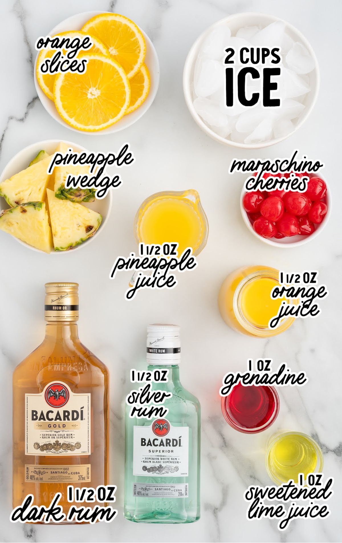 Overhead view of labeled rum punch ingredients including dark rum, silver rum, juices, fruit garnishes, and ice.
