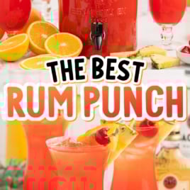 Split image of rum punch in a dispenser and in a glass, with text overlay saying “Very Refreshing” and “The Best Rum Punch.”