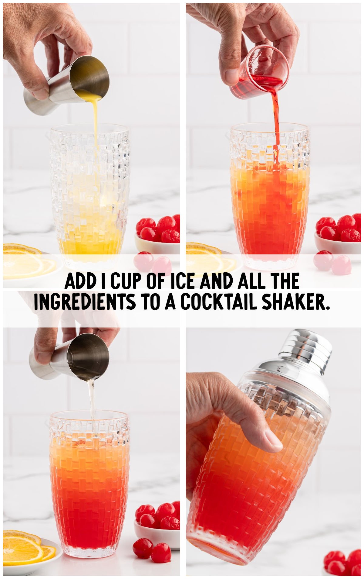 Step-by-step collage showing ice and juice being poured into a cocktail shaker to make rum punch.