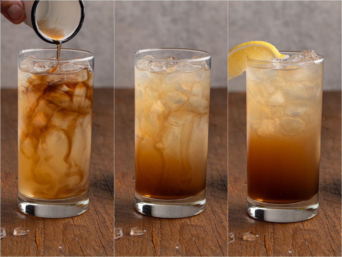 Three-panel image showing the progression of making a Texas Tea Recipe cocktail: tea is poured over ice, then mixed, and finally served with a lemon wedge garnish on the rim of the glass.