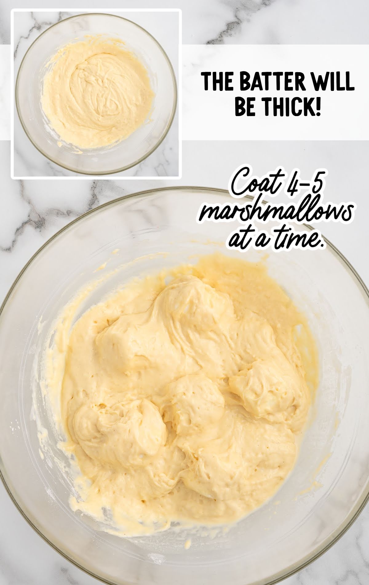 Thick pancake batter in a mixing bowl coating several marshmallows, labeled “The batter will be thick – Coat 4-5 marshmallows at a time.”