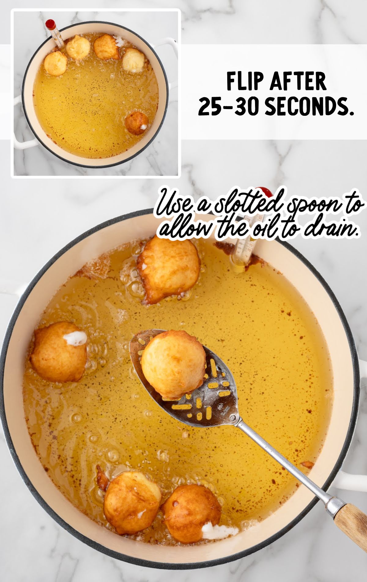 Marshmallows frying in hot oil with a slotted spoon lifting one out, labeled “Flip after 25–30 seconds – Use a slotted spoon to allow the oil to drain.”