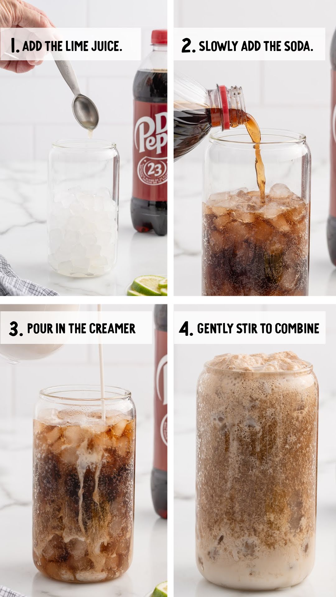 Step-by-step process showing how to make Dirty Dr Pepper with lime juice, soda, creamer, and stirring.