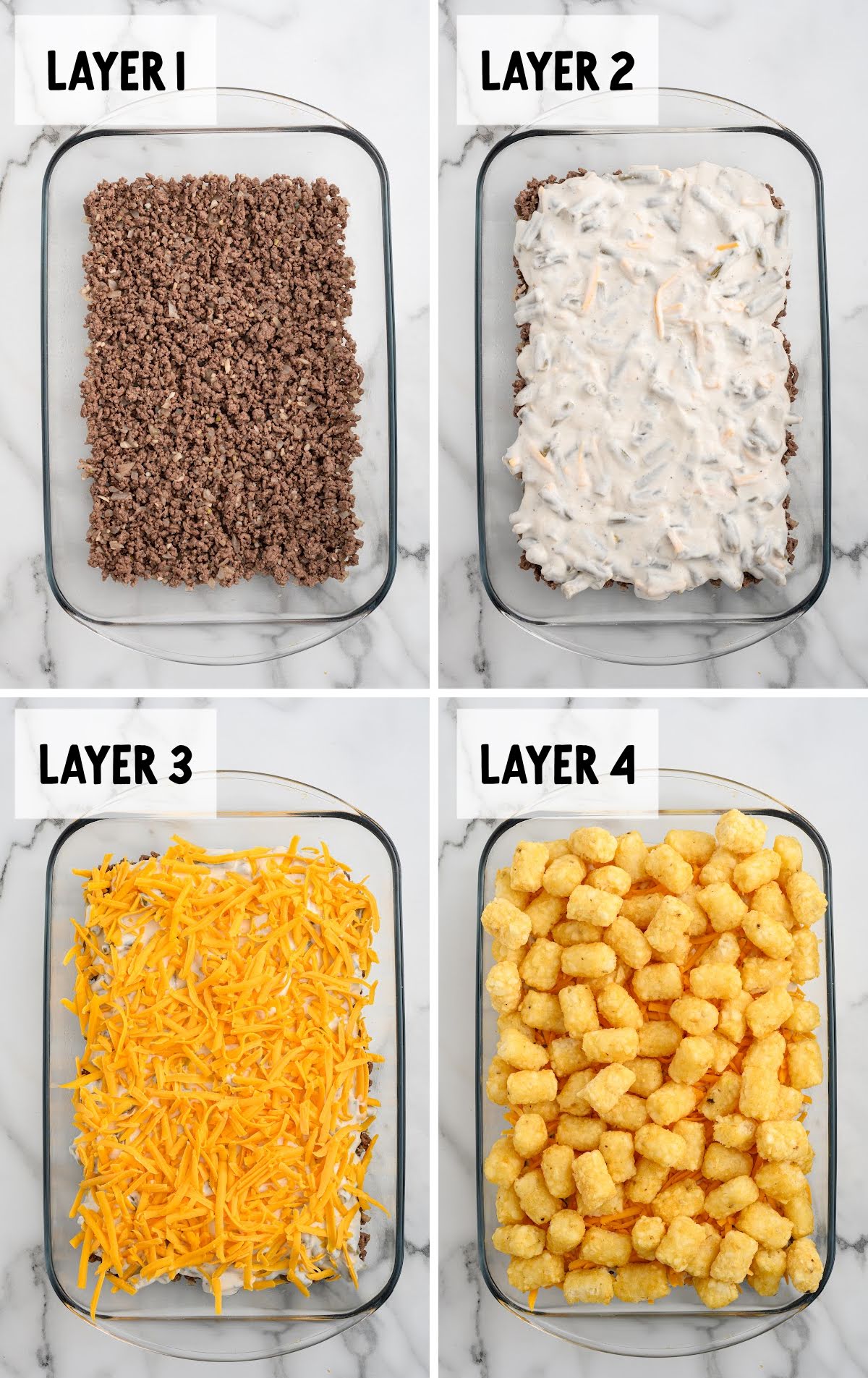 Four-step collage showing the layering process of the casserole: beef, creamy sauce, shredded cheese, and tater tots.