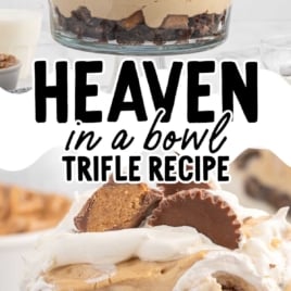 Peanut butter trifle layered with brownies and whipped topping, with text overlay “Heaven in a Bowl Trifle Recipe – Brownies, Peanut Butter, Pudding & Reese’s!”