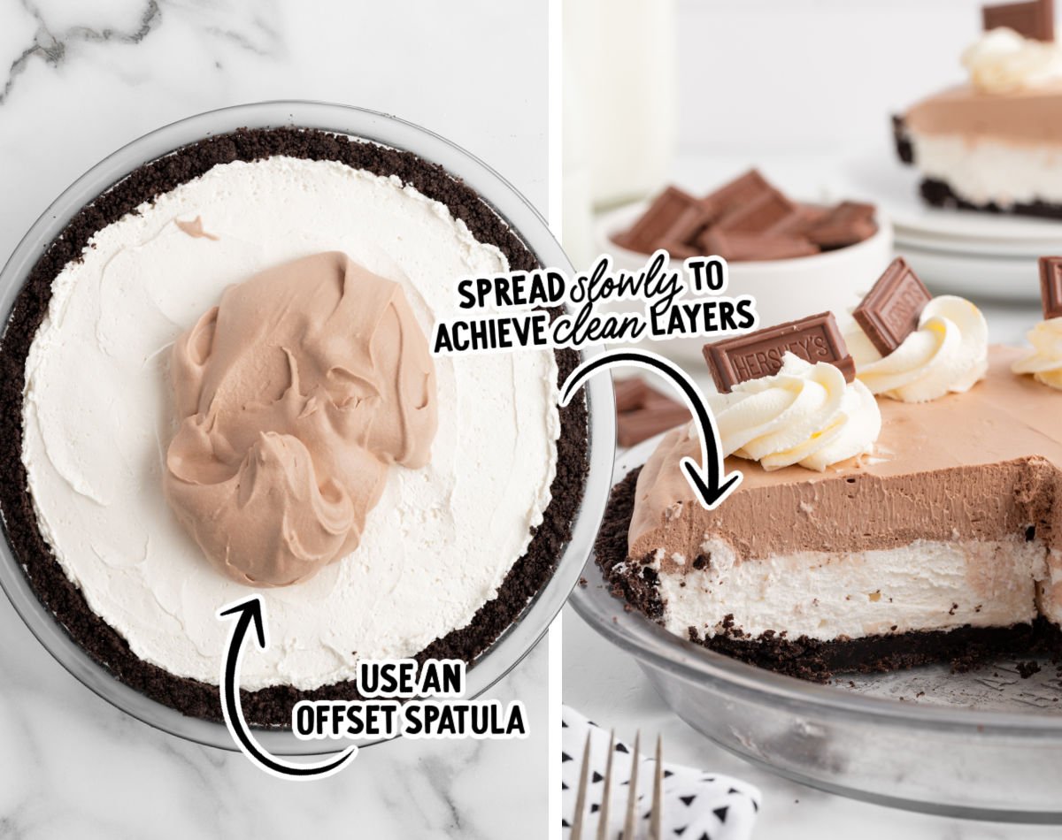 Side-by-side image showing the layering process for Hershey Pie &mdash; on the left, chocolate filling being spread over a cream cheese layer in an Oreo crust with a note to use an offset spatula; on the right, a sliced pie revealing clean, distinct layers topped with whipped cream swirls and Hershey bar pieces.