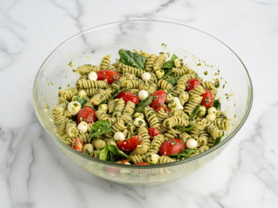 A glass bowl filled with Pesto Pasta Salad—rotini pasta mixed with green pesto, cherry tomatoes, fresh spinach, and small mozzarella balls—sits on a white marble surface.
