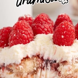 Close-up of a slice of white chocolate raspberry tiramisu with fresh raspberries and creamy layers, labeled with recipe title.