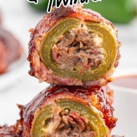 Stacked Texas Twinkies with melted cheese and brisket filling, labeled with “Classic Texas Twinkies” and “With creamy filling & tons of brisket.”