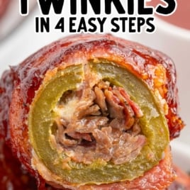 Close-up of a sliced open Texas Twinkie highlighting the jalapeño stuffed with brisket and cheese, with text overlay explaining how to make them.