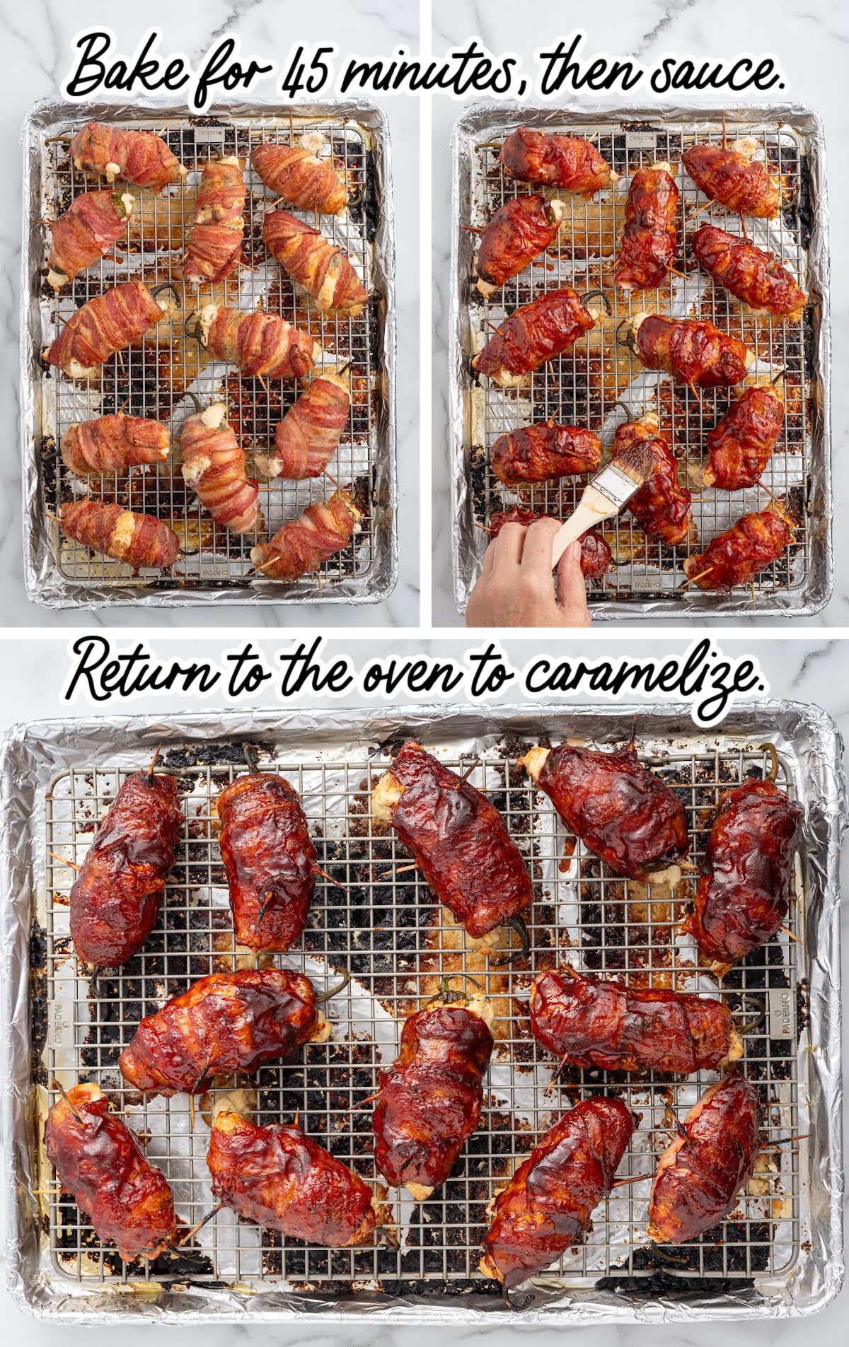 Texas Twinkies baking stages: bacon-wrapped jalapeños before and after brushing with BBQ sauce, then fully caramelized in the oven.