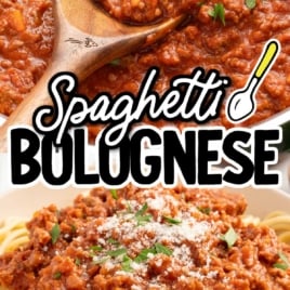 Close-up of rich and hearty spaghetti bolognese sauce with ground meat, carrots, and herbs, served over pasta and garnished with parmesan and parsley