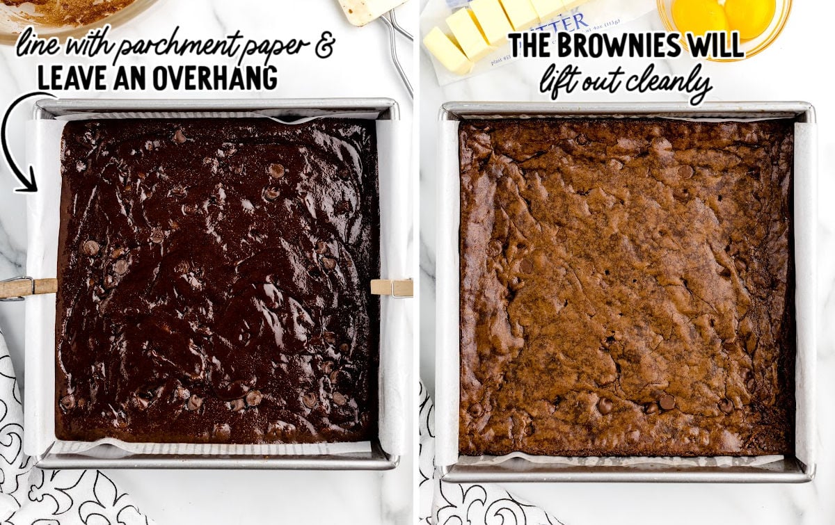 Two side-by-side images of brownies in a square pan lined with parchment paper. The left shows unbaked brownie batter with chocolate chips, the right shows baked brownies with a cracked, set surface. Text overlay reads 'line with parchment paper & leave an overhang' and 'the brownies will lift out cleanly
