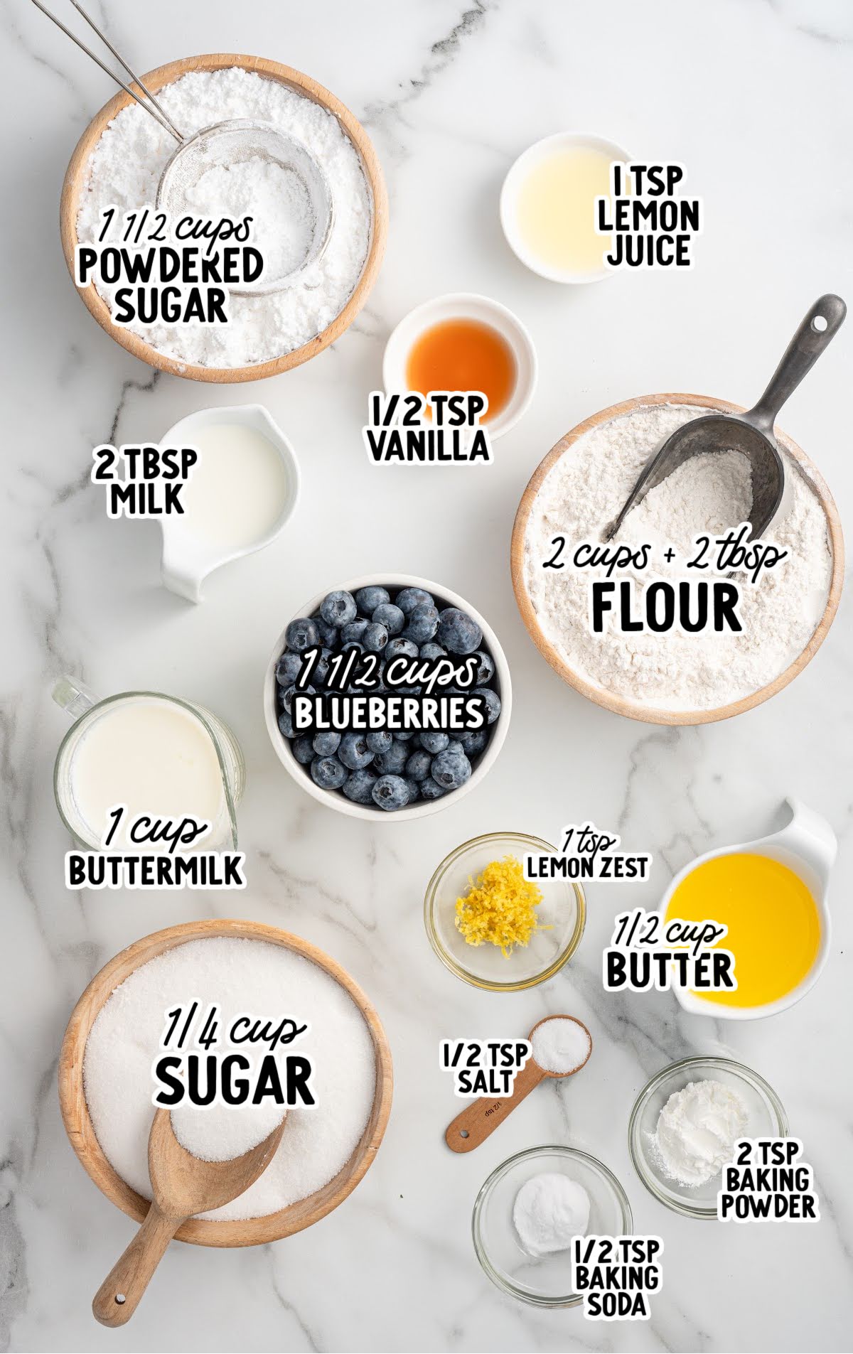 Flat lay of labeled ingredients for blueberry biscuits, including flour, sugar, butter, buttermilk, blueberries, and lemon zest.