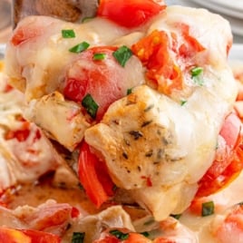 Pinterest graphic showing a scoop of bruschetta chicken casserole with text overlay that reads "Bruschetta Chicken Casserole – Fresh & Tasty!"