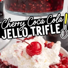Cherry Coca Cola Jello trifle shown in a glass bowl with whipped topping and cherries, with a close-up of a serving on a white plate.
