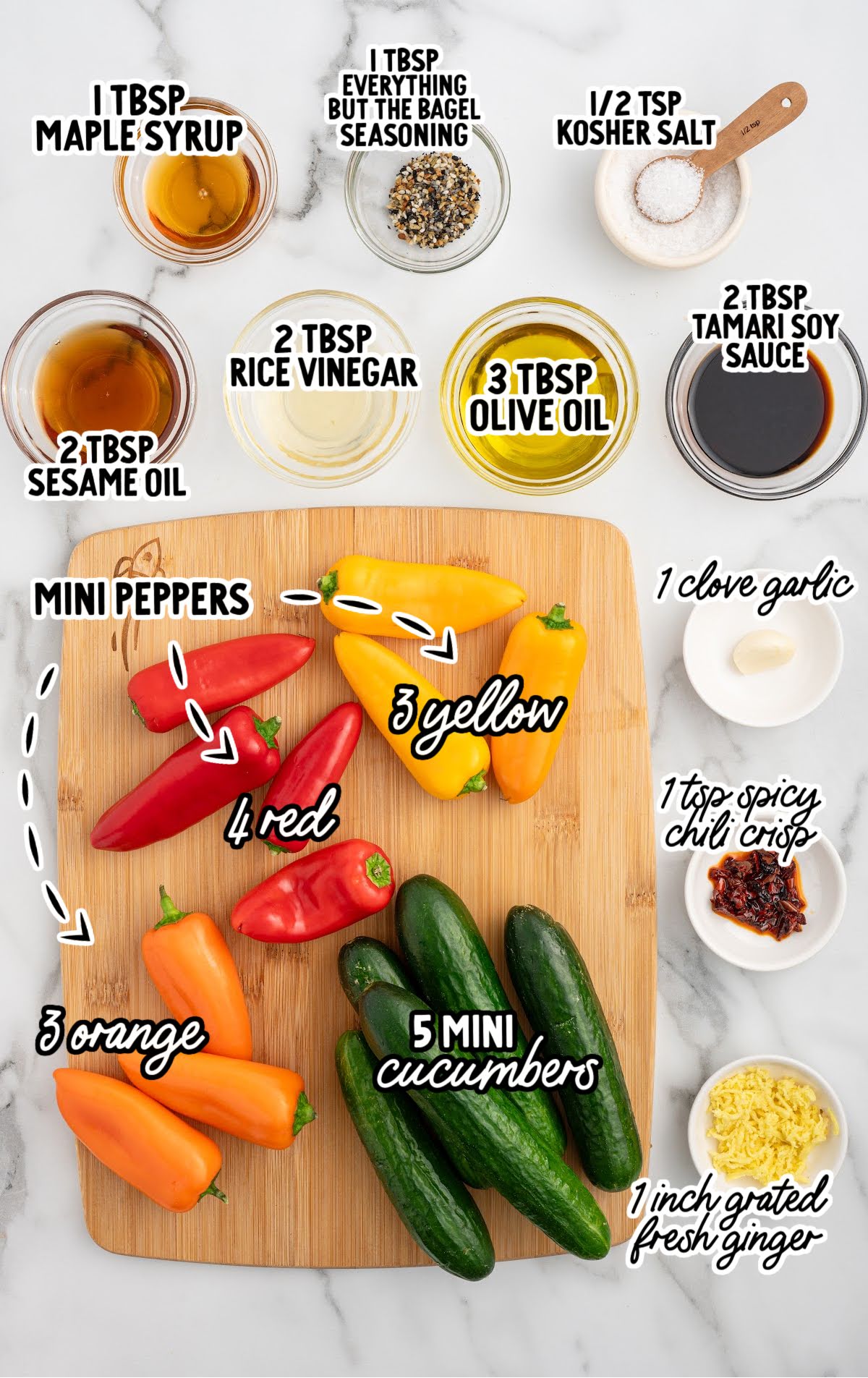 Ingredients for cucumber and bell pepper salad arranged on a cutting board and in bowls