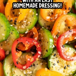 Cucumber and bell pepper salad with text overlay about easy homemade dressing