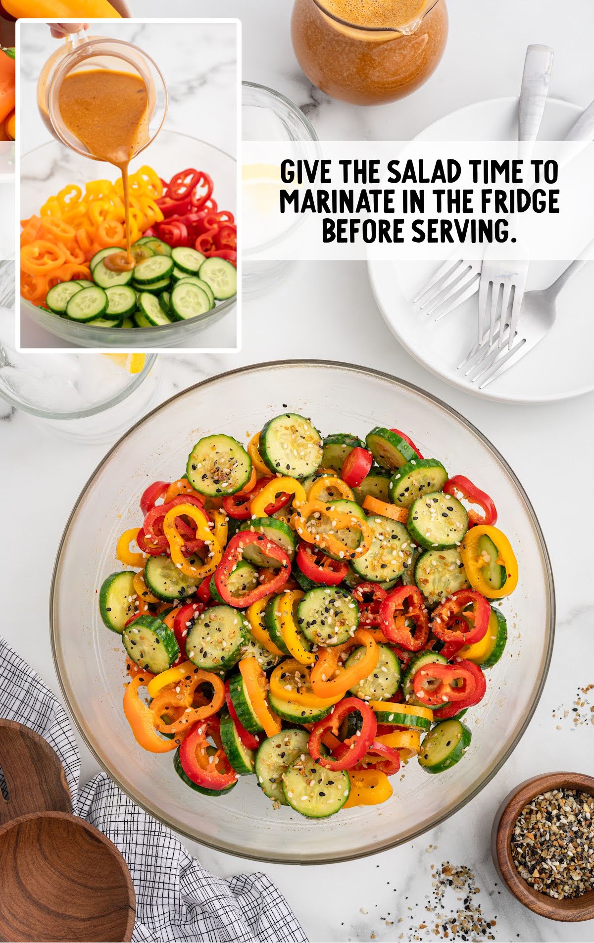 Overhead view of cucumber and bell pepper salad in a glass bowl with seasoning, with inset image of dressing being poured over sliced cucumbers and peppers, and text about marinating before serving.