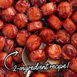 Overhead shot of glossy BBQ sausage bites in a baking dish, with a spoon lifting a few pieces, text overlay reading "Oven-Baked BBQ Sausage Bites Recipe."