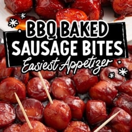 Stacked BBQ sausage bites on a serving plate with a bold text overlay that says "BBQ Baked Sausage Bites – Easiest Appetizer."
