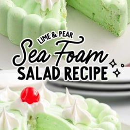 Two images of lime and pear seafoam salad with text overlay “Sea Foam Salad Recipe – Retro Jello Mold Recipe!”