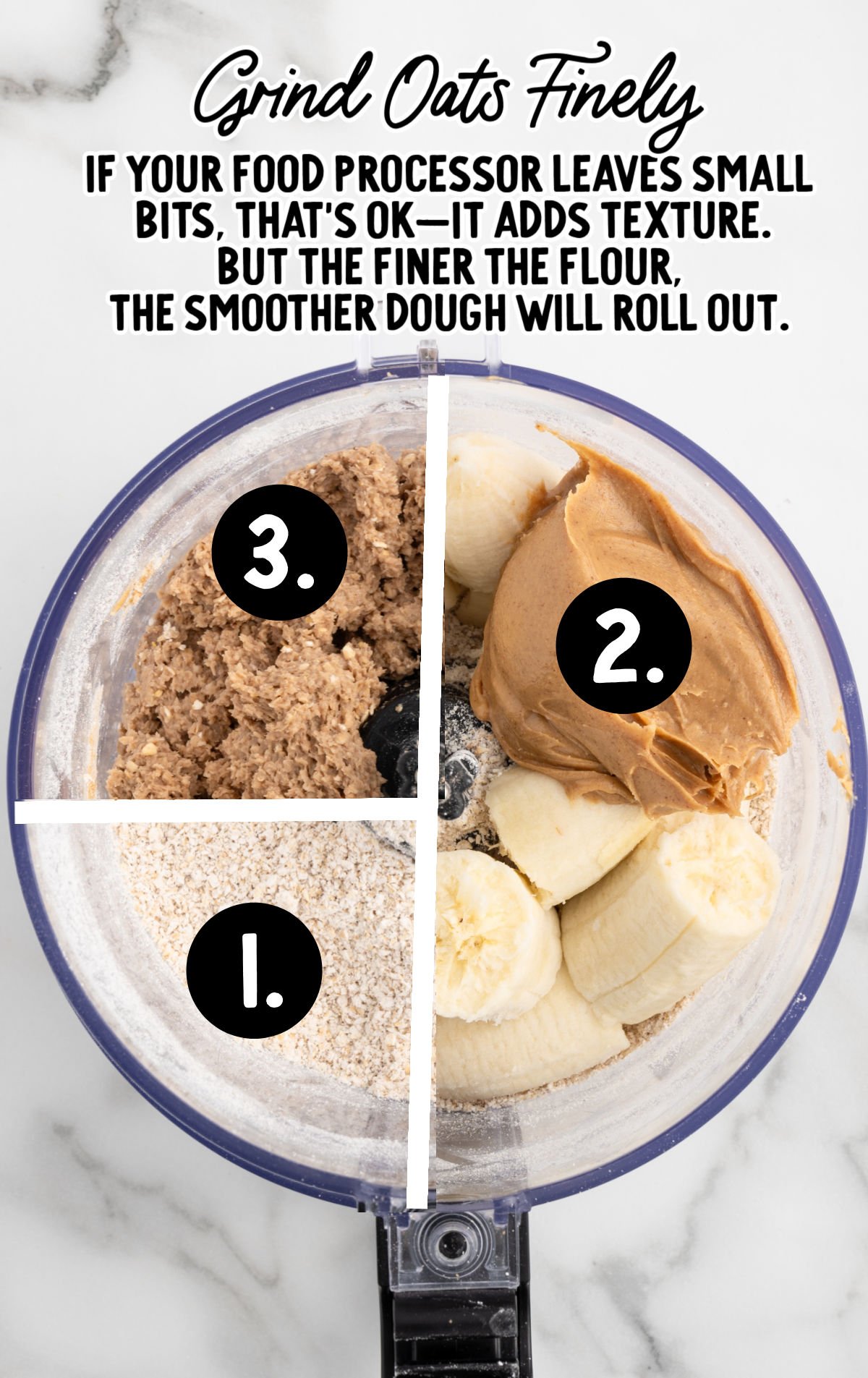 Food processor with ground oats, bananas, and peanut butter showing steps to make banana dog treats.