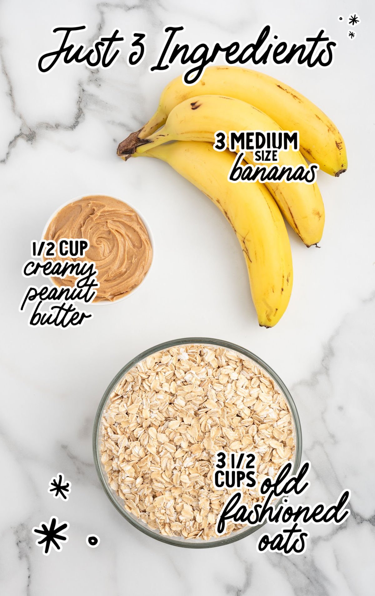 Three ingredients for banana dog treats: bananas, creamy peanut butter, and old-fashioned oats.