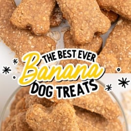 Banana dog treats in a jar and on a plate with text overlay that says 'The best ever banana dog treats.'