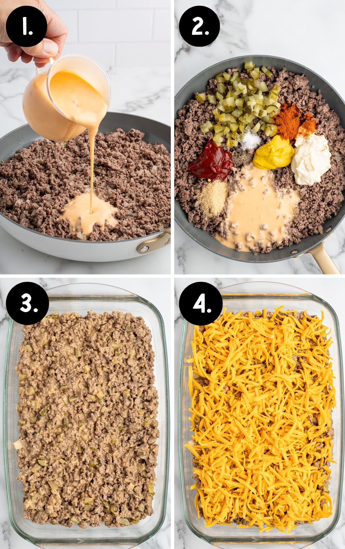 Step-by-step process collage showing ground beef mixture in skillet with condiments, layered beef in casserole dish, shredded cheese topping, and preparation stages.