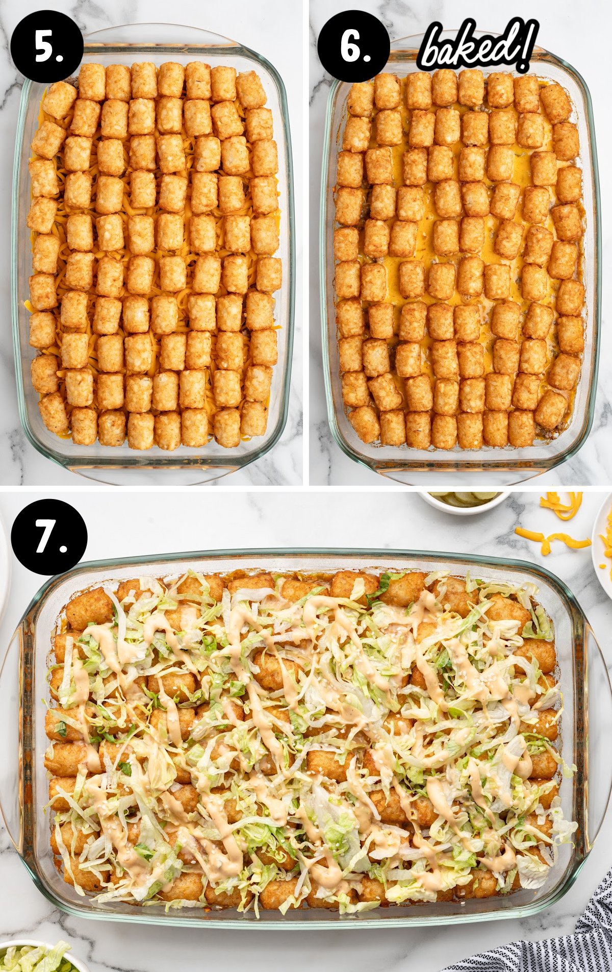 Step-by-step process collage showing unbaked tater tots layered in casserole dish, baked golden tater tots, and finished casserole topped with lettuce and sauce.