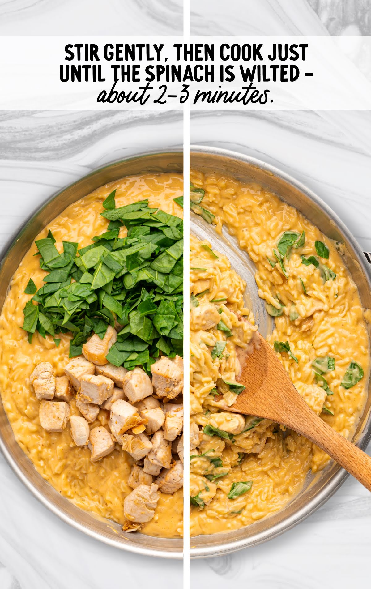 Step-by-step showing spinach and chicken added to cheesy orzo in skillet and stirred together
