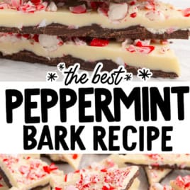 Close-up of stacked peppermint bark pieces with a layer of white chocolate and crushed candy on top. Text reads the best Peppermint Bark Recipe and vintage recipe! over more Peppermint Bark pieces.