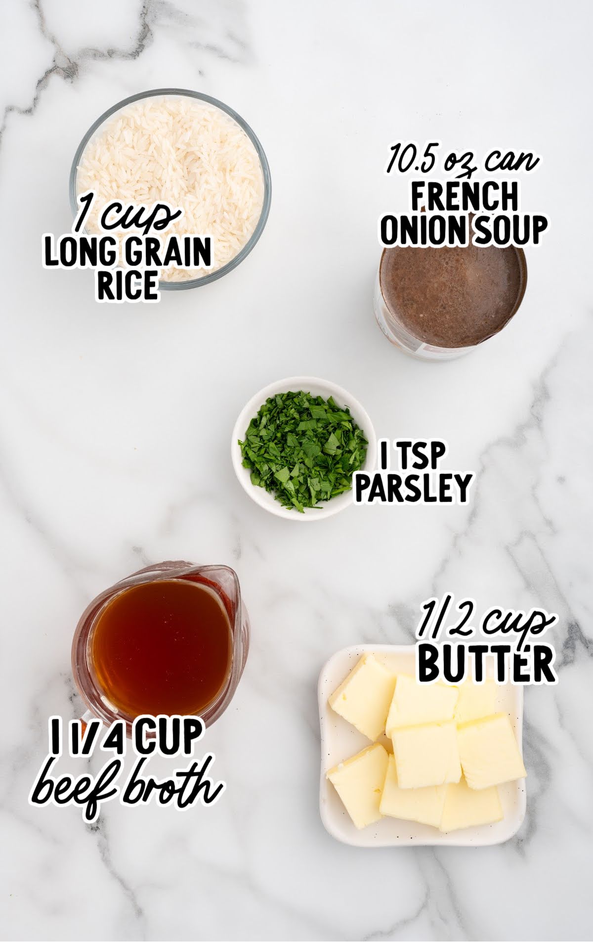 Ingredients for French onion rice including rice, beef broth, butter, parsley, and French onion soup.