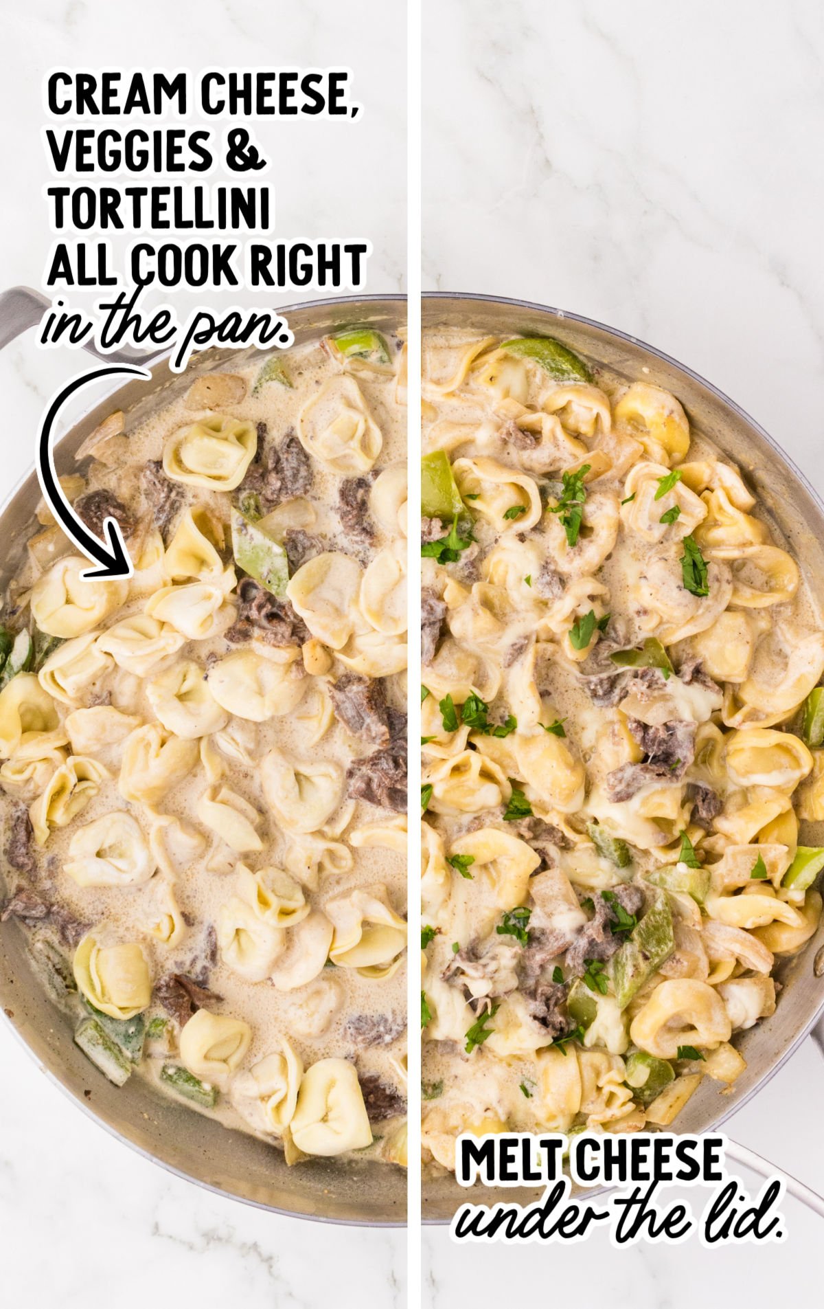 Cooking steak pieces in a pan until browned for Philly cheesesteak tortellini filling