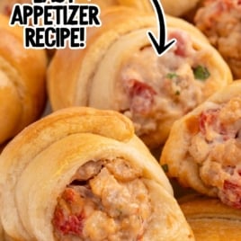 Rotel sausage and cream cheese crescents with text overlay reading “Easy Appetizer Recipe!” highlighting the golden, cheesy filling.