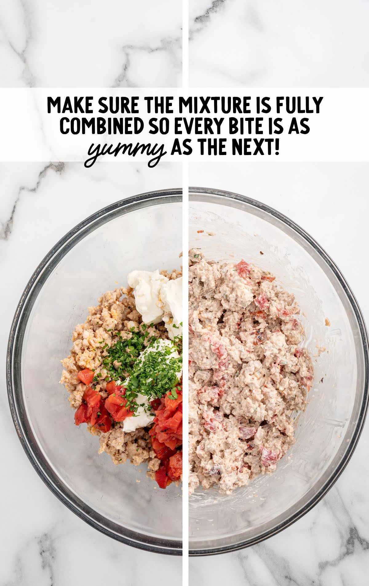 Mixing bowl filled with cooked sausage, Rotel tomatoes, cream cheese, and herbs before combining into a smooth filling.