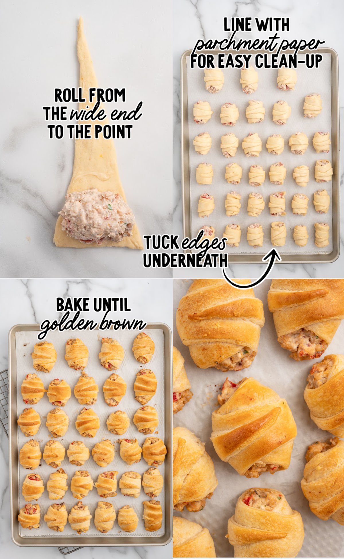 Step-by-step collage showing how to roll, arrange, and bake Rotel sausage and cream cheese crescents until golden brown.