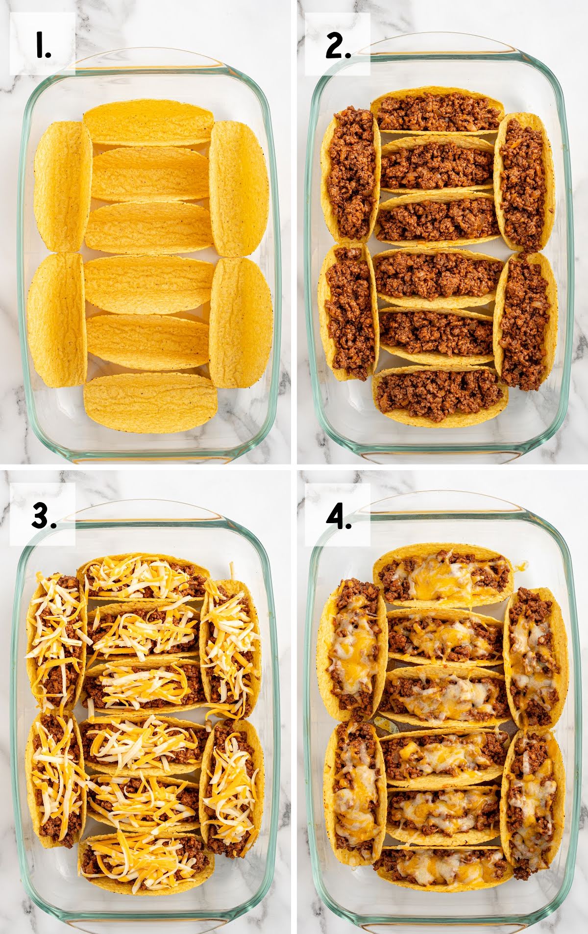 Four-step collage showing taco shells filled with beef, topped with cheese, and baked to perfection in a glass dish.