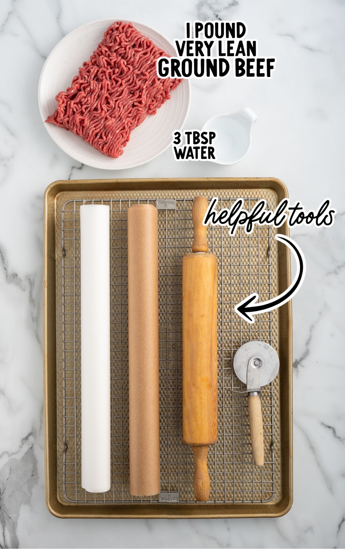 Ingredients and tools for making beef jerky for dogs, including ground beef, water, rolling pin, and pizza cutter.