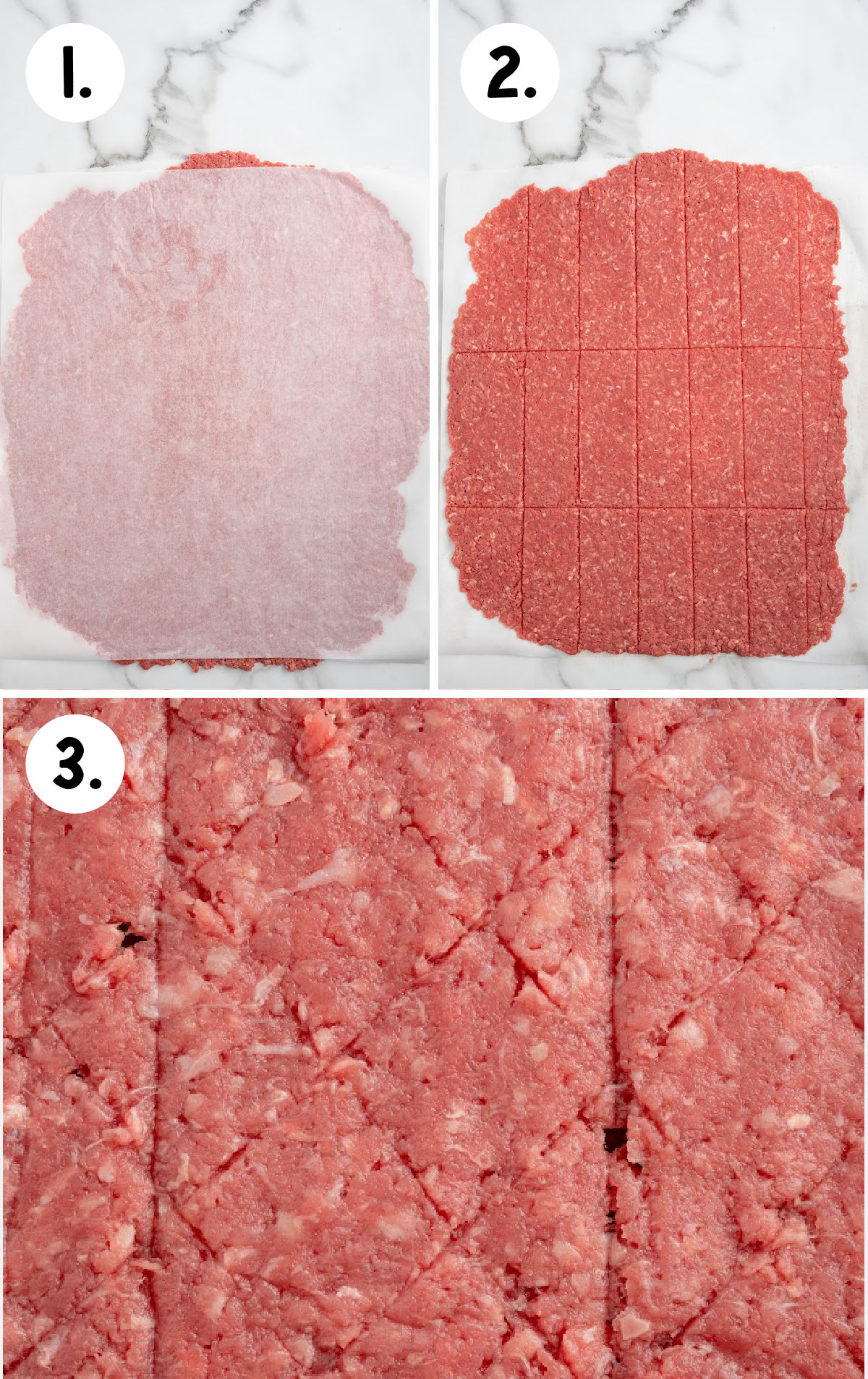 Step-by-step process of rolling and cutting raw ground beef into strips for jerky.