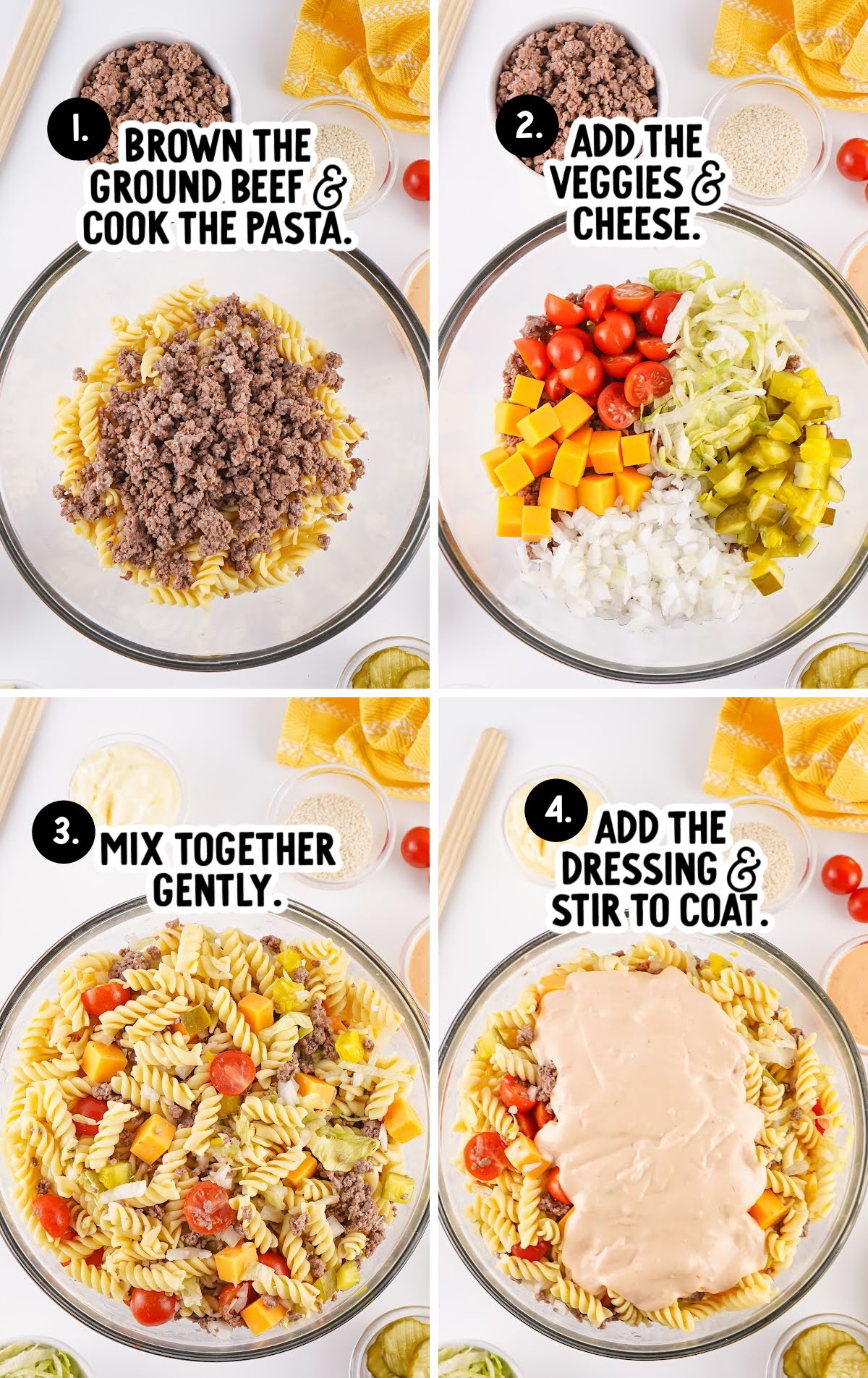 Step-by-step process collage showing how to make Big Mac pasta salad from cooking beef and pasta to mixing in veggies and dressing.